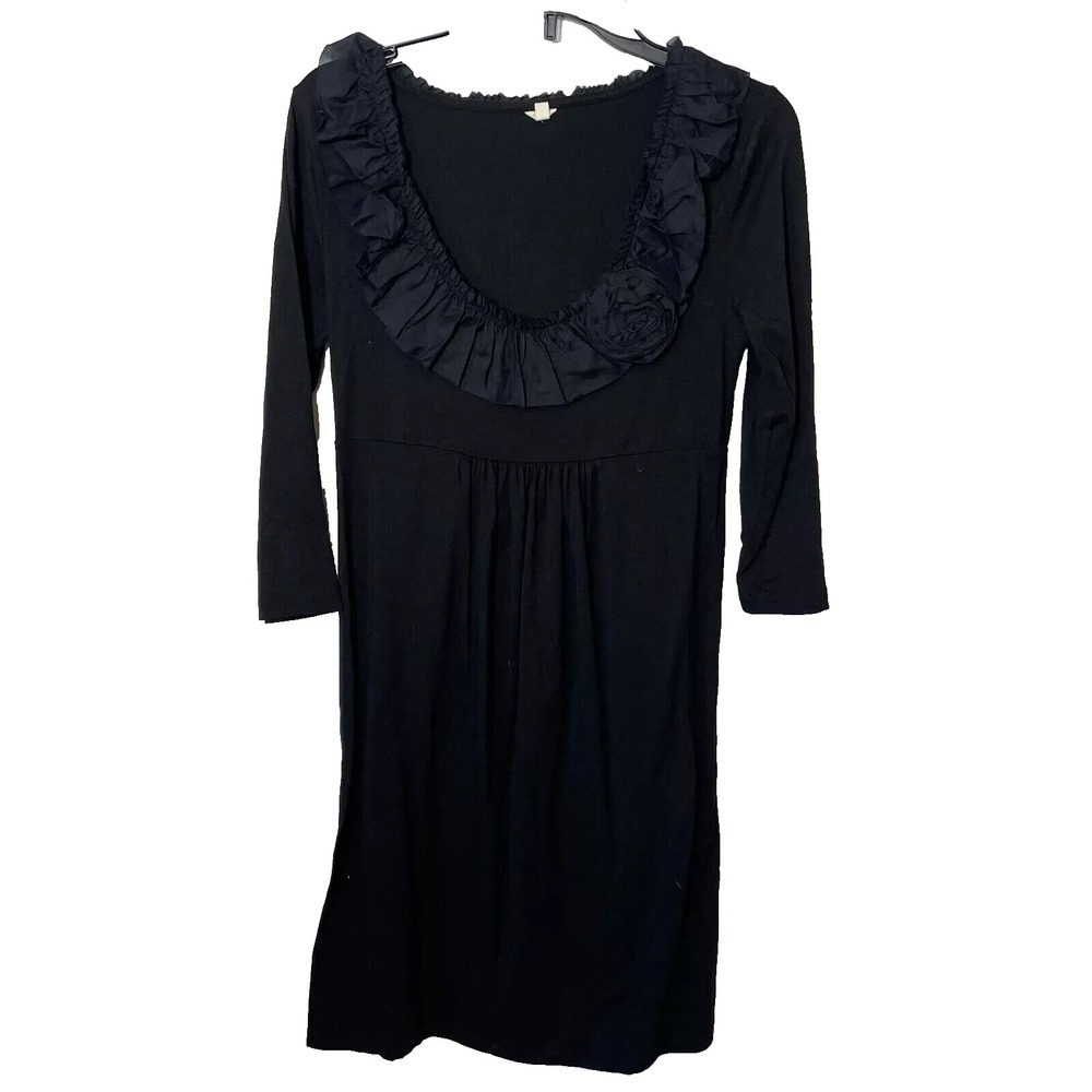 J. Crew A-Line Dress Womens Small Black 3/4 Sleeve Scoop Neck Ruffle Pleated